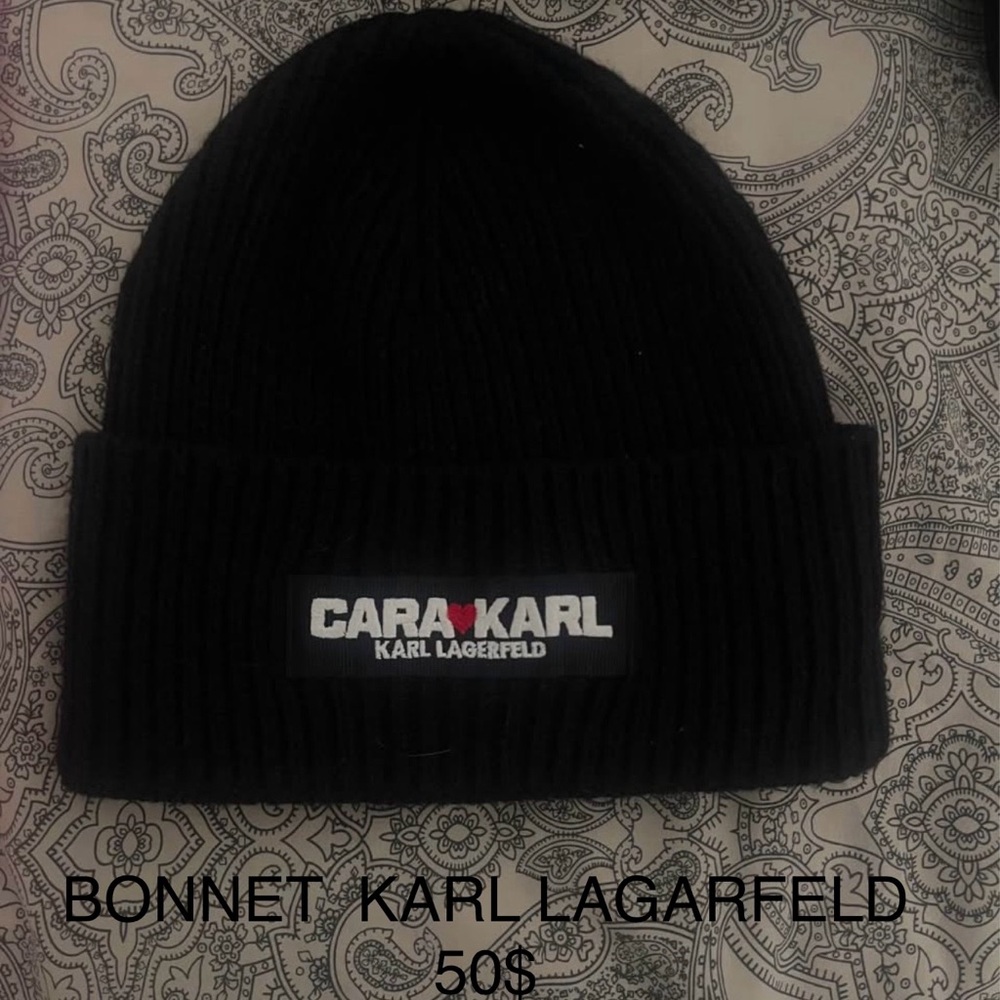 Karl Lagerfeld Black Knit Hat with Folded Brim